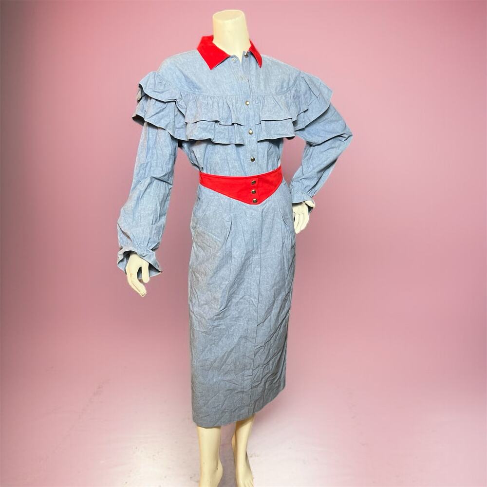 VINTAGE 80s Western Skirt Set Ruffle Top Size 4 Alexander Campbell Equestrian